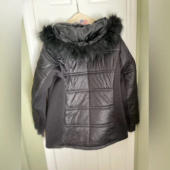 Michael Kors Hooded Quilted Mixed Faux Fur Trim Jacket Coat Plus 2X Black - Picture 2 of 7